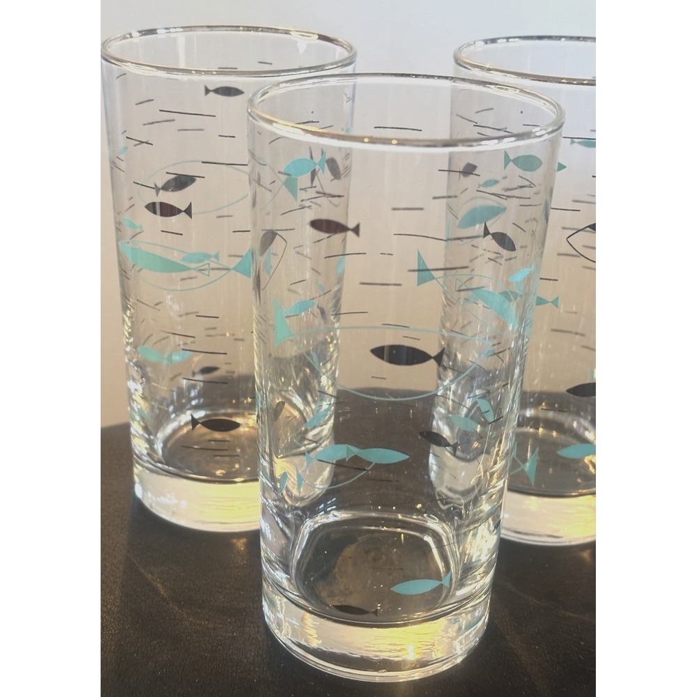 6 Vintage Libbey Fish Glass Tumblers Atomic Aqua Gold 10oz 5 1/2" T 1950s Retro